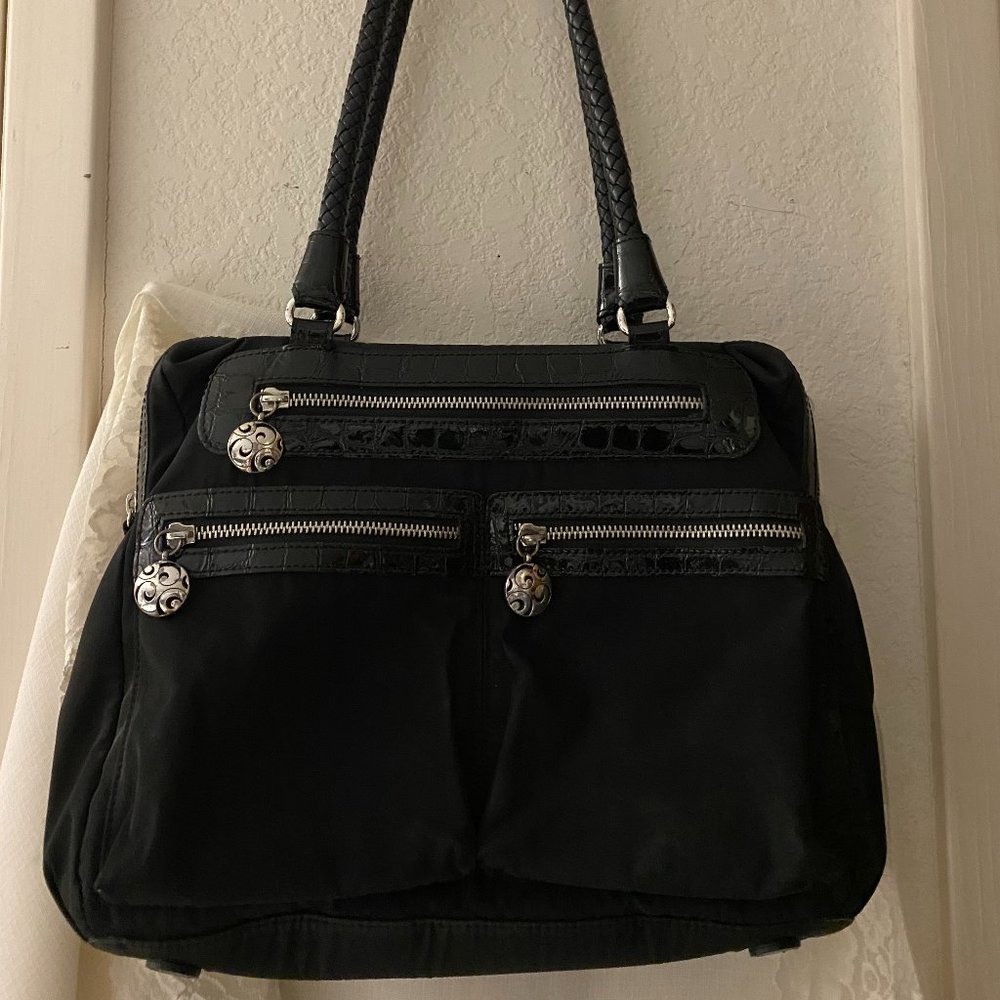 SOLD 🌺 BRIGHTON Large Black Microfiber shoulder bag with Leather trim in EUC